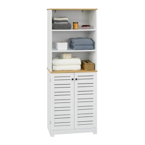SoBuy Badezimmerschrank BZR44-W, weißer Hochschrank mit 3 Fächern und 2 Lamellentüren.