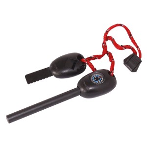 Blanko Feuerstein-Set mit Schaber, Minisäge, Kompass und roter Trageschnur für Camping & Outdoor.