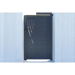 Moderne Casanoov Gartentür Veleta, 100 cm breit, mit Alu-Pfosten in Grau. Blickdichtes Design mit dekorativen Aussparungen.