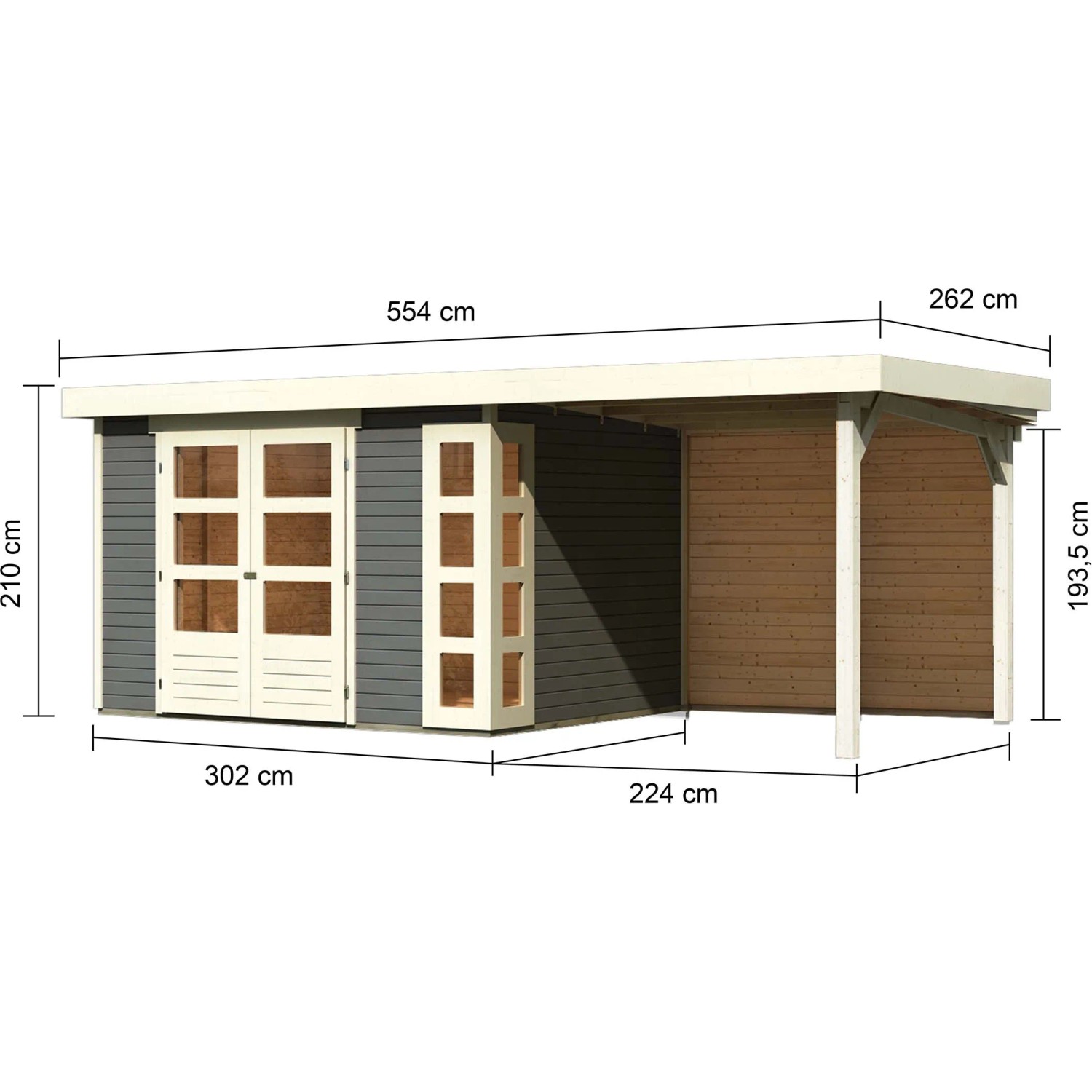 Karibu Holz-Gartenhaus Sölve, terragrau, mit Flachdach und Anbau, Maße: 298x242 cm.