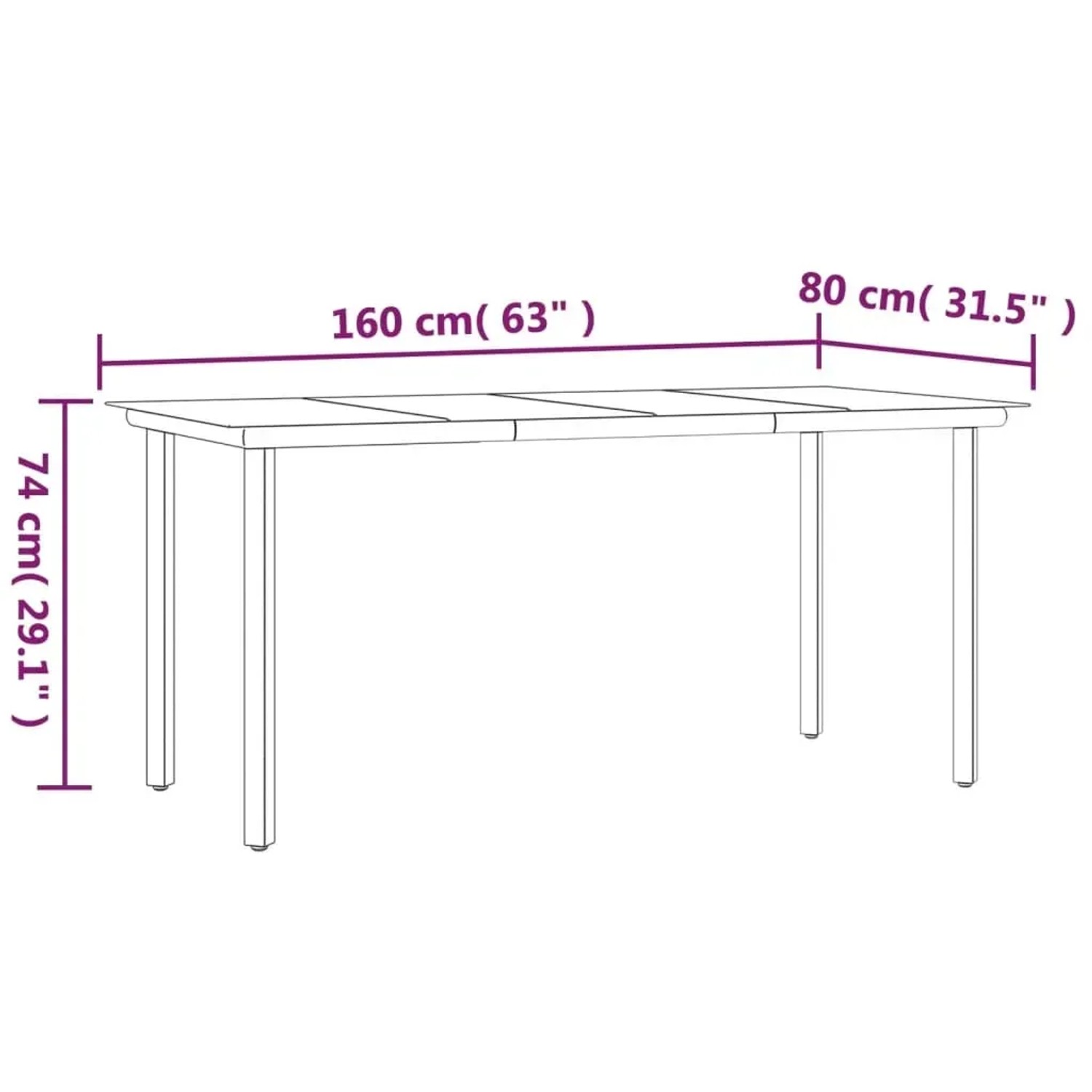 Skizze Gartentisch: vidaXL 5-tlg Essgruppe, 160x80x74cm, Stahl/Glas, Maße für Gartenmöbel.