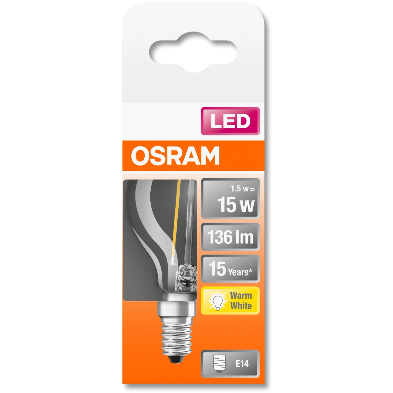 Osram LED-Leuchtmittel E14 Tropfenform, 1,5W, warmweiß, in Verpackung.