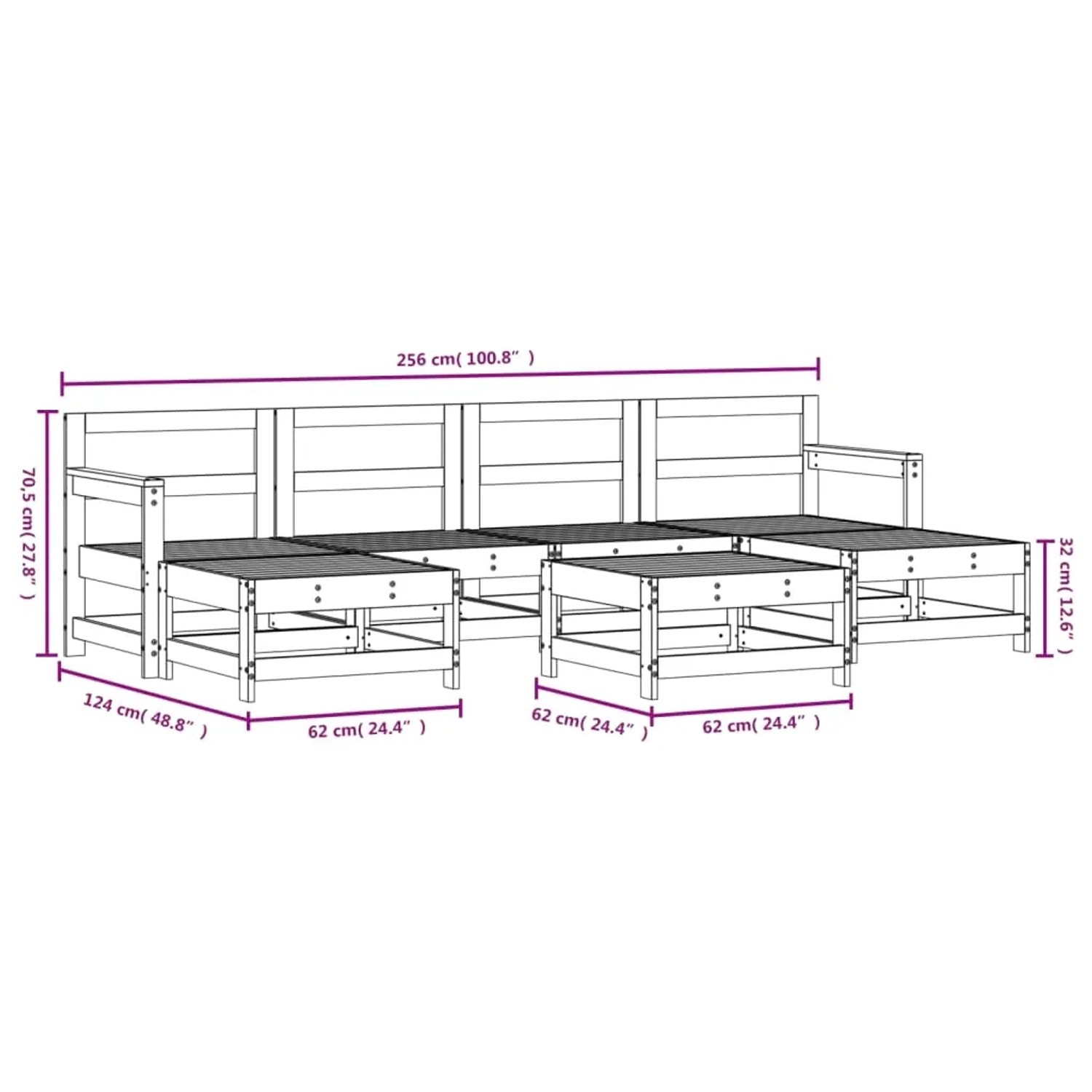 Weißes 7-tlg. Garten-Lounge-Set aus Kiefernholz, bestehend aus Sofas und Hockern.