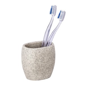 Heller Zahnputzbecher Puro von Wenko mit zwei Zahnbürsten, aus Polyresin.