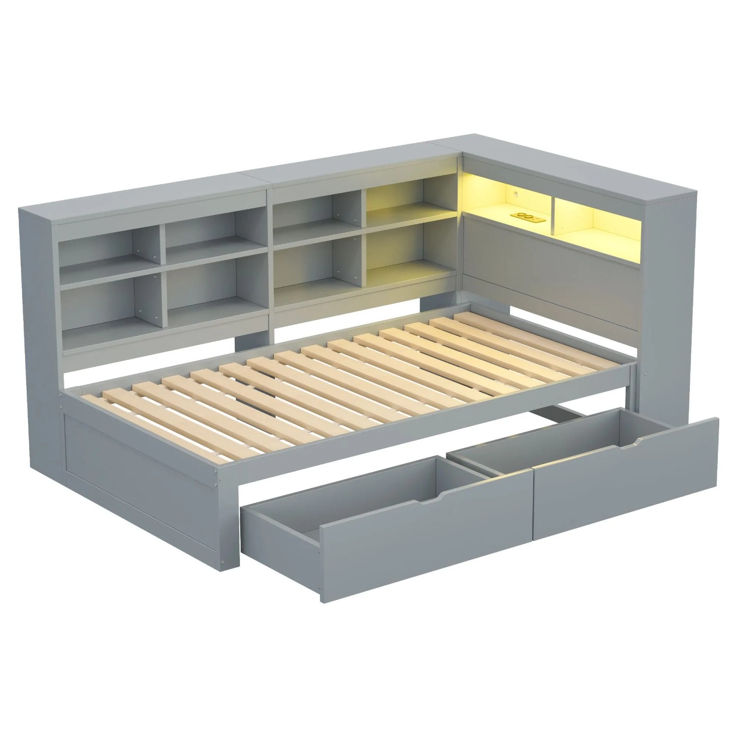 Merax Holzbett 90x200cm LED USB Regal Stauraum Grau