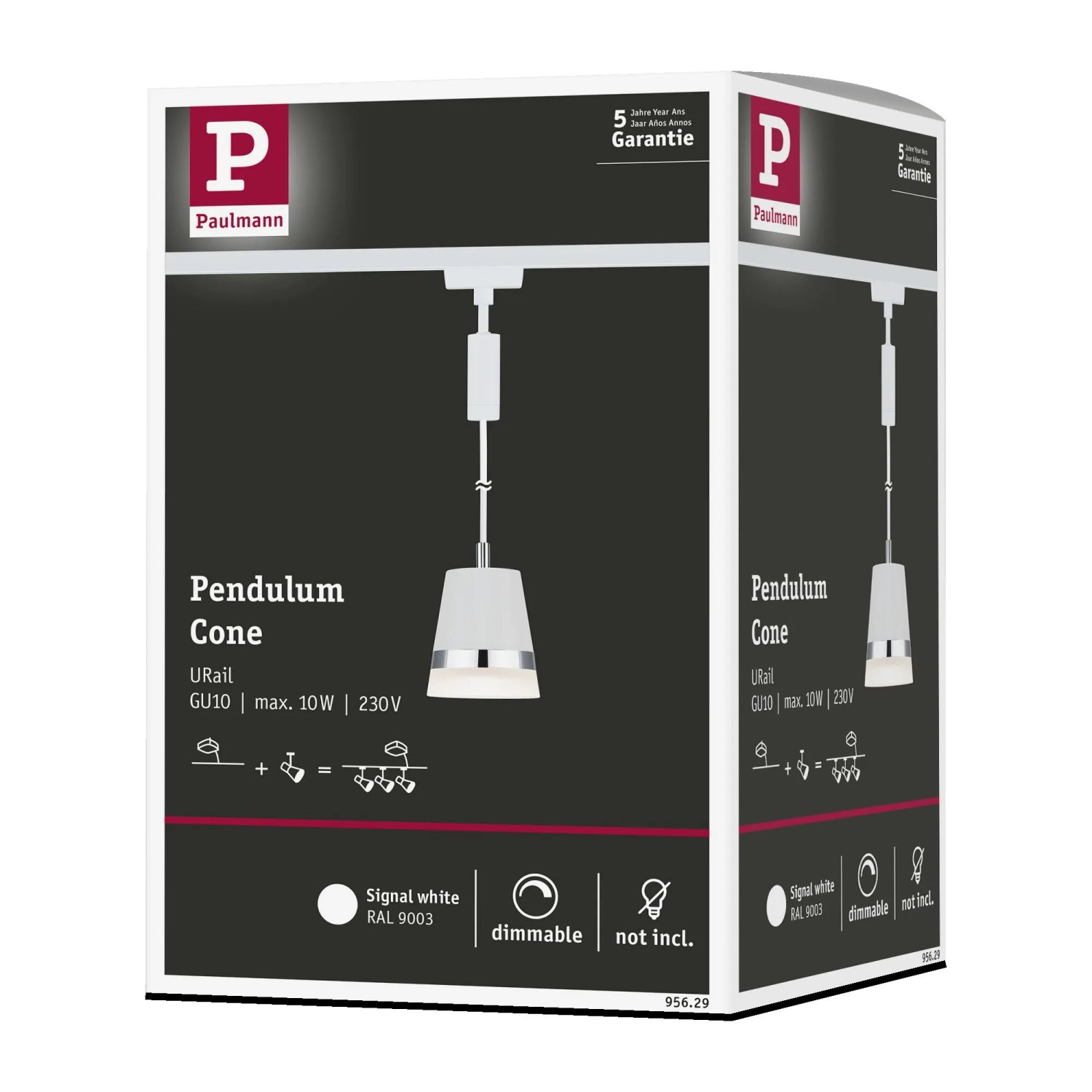 Verpackung der Paulmann URail Pendelleuchte Cone, signalweiß, dimmbar, Leuchtmittel nicht enthalten.