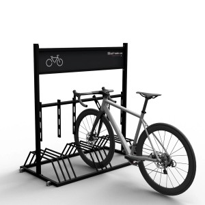 Schwarzer Schake Fahrradständer Mobil mit Werbeschild und Fahrrad.