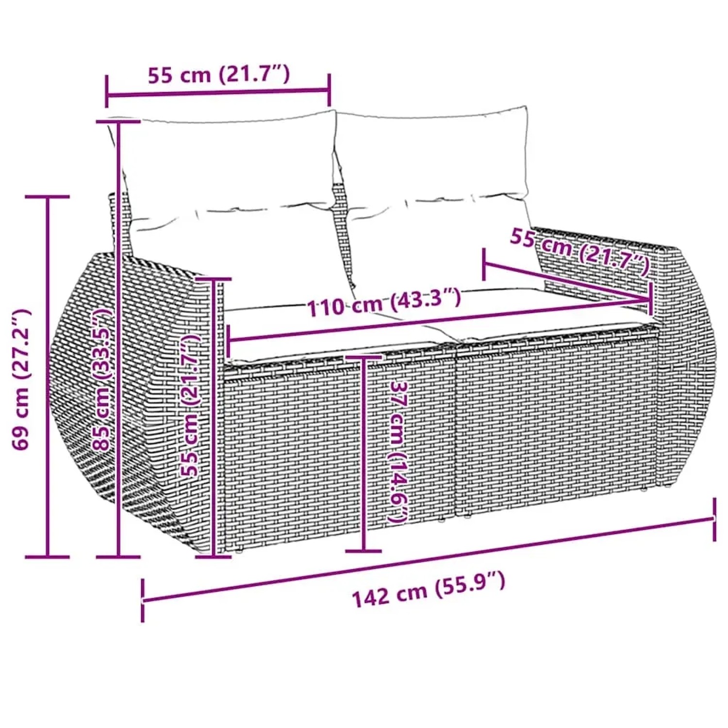 Schwarzes vidaXL Garten-Sofa-Set aus Polyrattan, 11-teilig, mit Maßangaben.