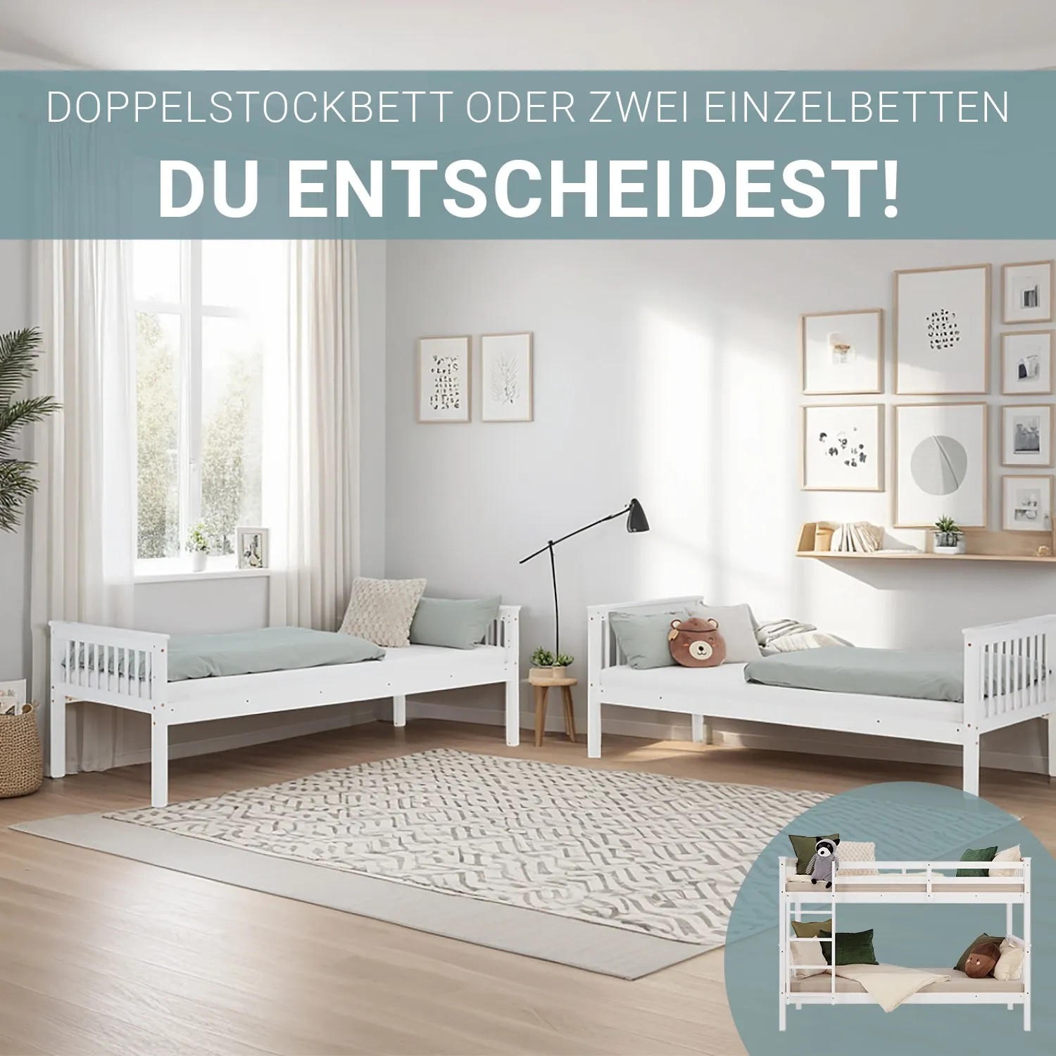 Homestyle4u Etagenbett/Hochbett, weiß, 90x200 cm, umbaubar zu 2 Einzelbetten. Kinderzimmer.