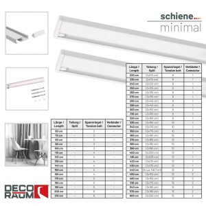 Weiße Deco-Raum Gardinenschiene aus Aluminium für Deckenmontage, minimalistisch. Zeigt Zubehör, Details und Längenoptionen.