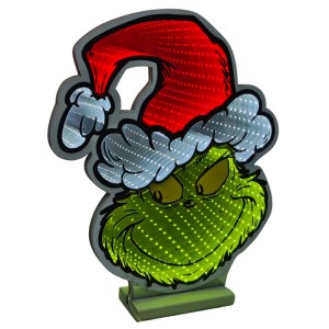 Dr. Seuss Grinch LED-Spiegellicht 40 cm. Grüne Figur mit roter Weihnachtsmütze und leuchtendem Infinity-Effekt.
