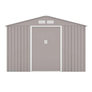 Helles, graues Hattoro Metall Gerätehaus mit Satteldach und Schiebetür. Gartenhaus für Gartengeräte.