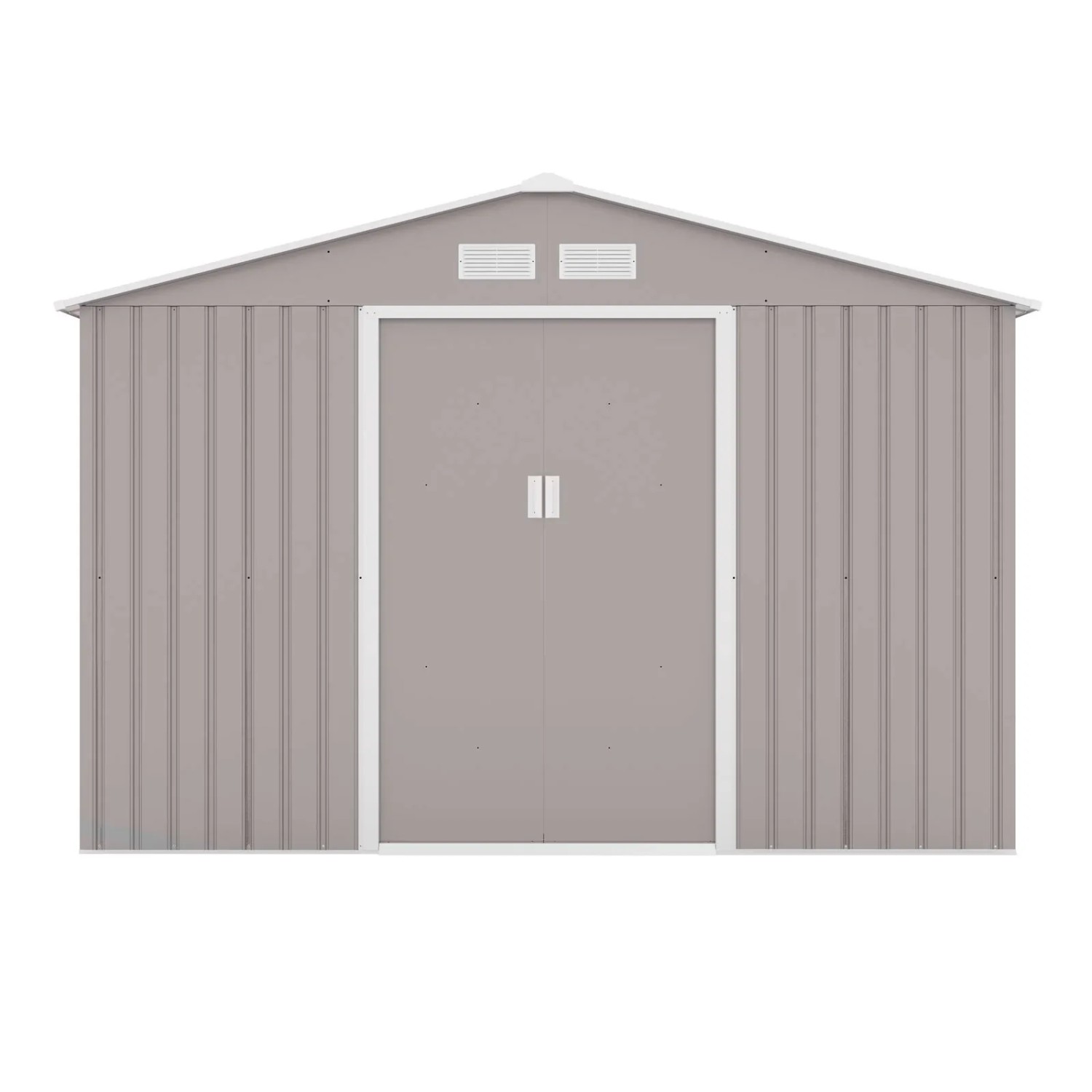 Helles, graues Hattoro Metall Gerätehaus mit Satteldach und Schiebetür. Gartenhaus für Gartengeräte.