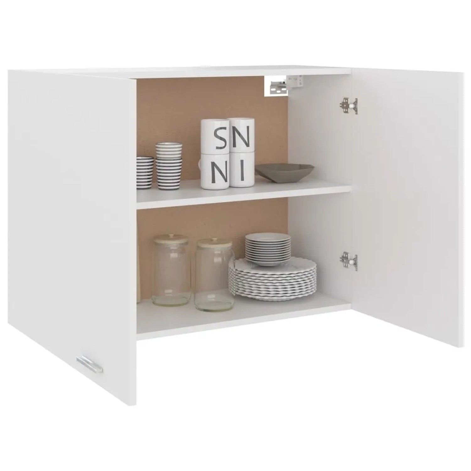 Weißer Hängeschrank (80x31x60 cm) aus Holzwerkstoff für die Küche, offen mit zwei Regalböden.