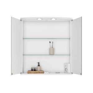 Offener Jokey Spiegelschrank Ampado 60 cm in Weiß Hochglanz mit LED-Beleuchtung und Glasablagen.