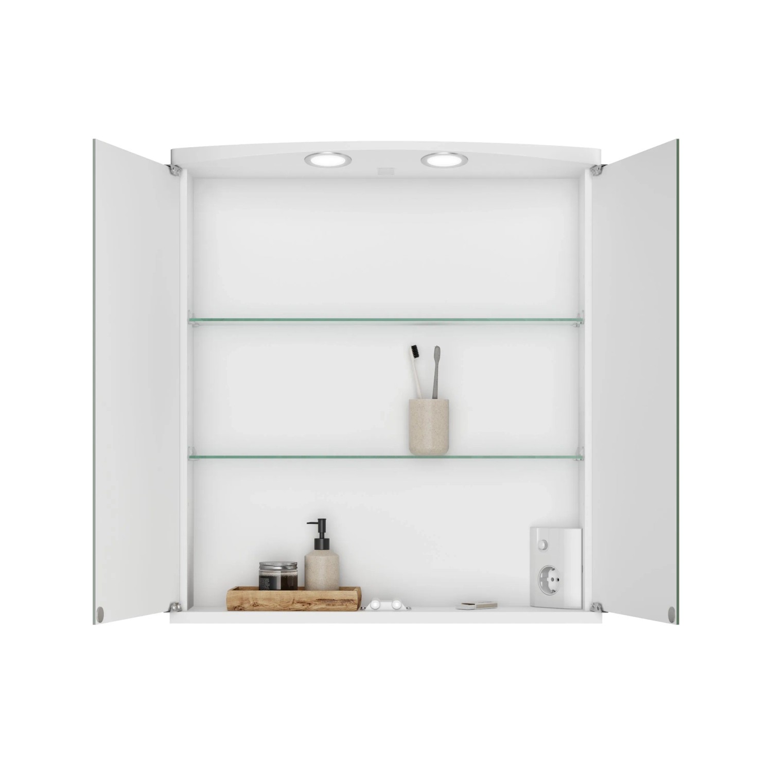 Offener Jokey Spiegelschrank Ampado 60 cm in Weiß Hochglanz mit LED-Beleuchtung und Glasablagen.