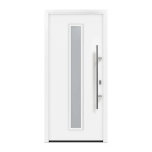 EcoStar Haustür Isopro IP 020S, verkehrsweiße Tür mit Glasausschnitt und Edelstahlgriff.
