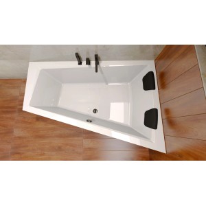 Weiße Acryl Eckbadewanne INTIMA 180x125 rechts mit schwarzen Kopfstützen und Armaturen in modernem Bad.