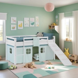 Weißes Kinder Hochbett 90x200 mit Rutsche, mintgrünem Vorhang und Leiter. Ideal für Abenteuer im Kinderzimmer.