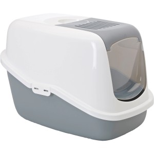 Weiße/graue Katzentoilette Nestor (56x39x38,5 cm) mit Klappe und Filter.