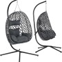 Grauer WOLTU Hängesessel aus PE-Rattan mit schwarzem Metallgestell und Kissen, bis 150kg belastbar.