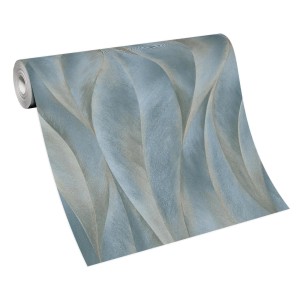 Rolle Vliestapete mit blau-goldenem Blätter-Muster für Wohnräume.