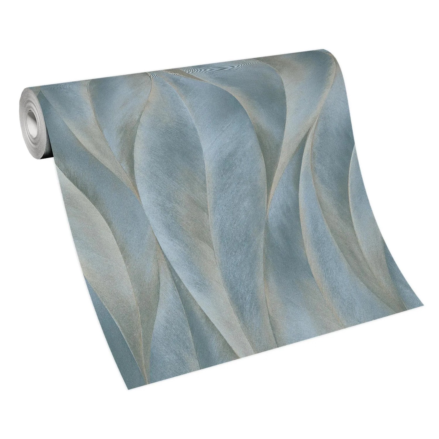 Rolle Vliestapete mit blau-goldenem Blätter-Muster für Wohnräume.