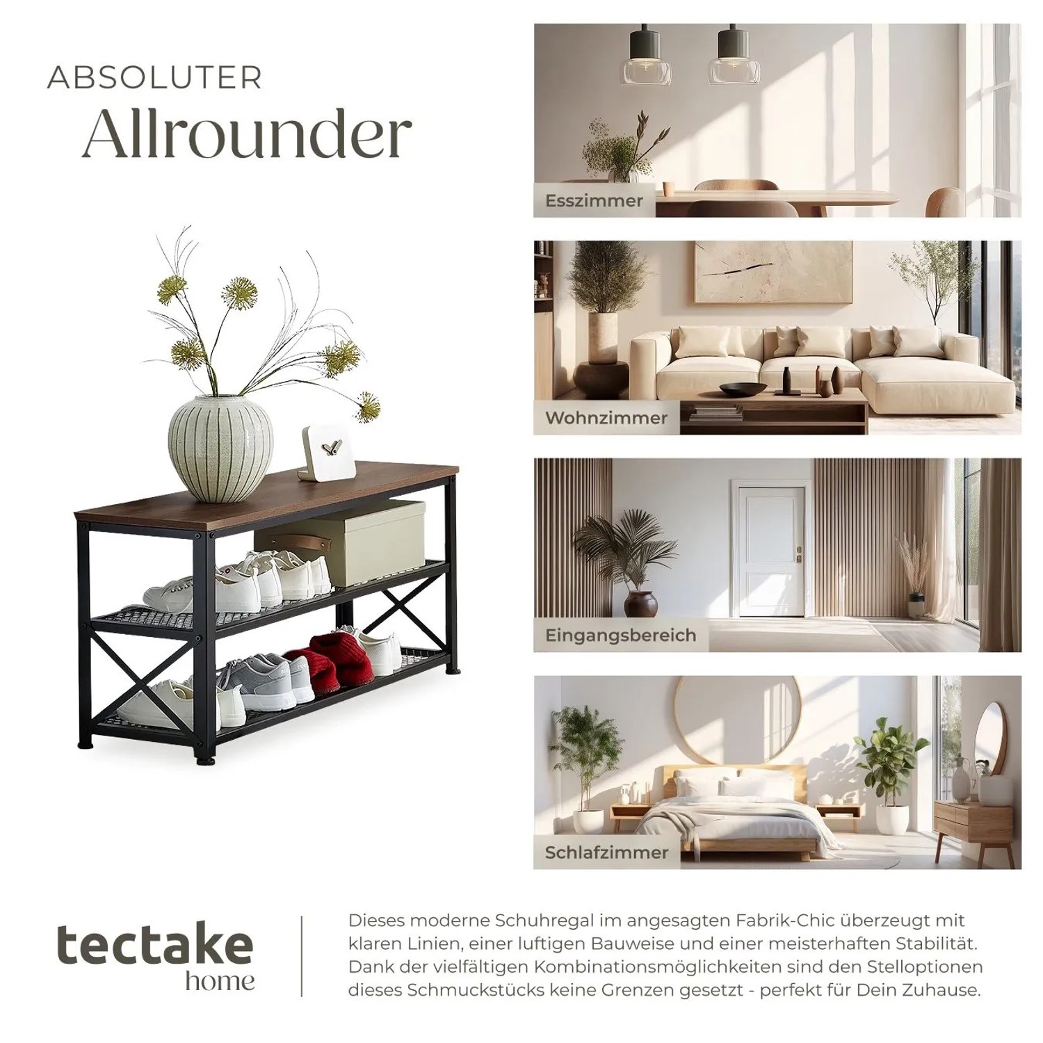Tectake Schuhregal Blackpool: Dunkles Holz, schwarzes Stahlgestell, zwei Gitterablagen. Industrial Style Schuhschrank.