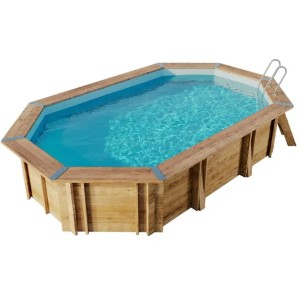 Holzpool Bahamas mit Leiter und blauer Innenfolie, 436x336x119 cm.