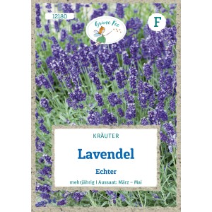 Verpackung Grüne Fee Lavendel Echter Saatgut, violette Blüten.