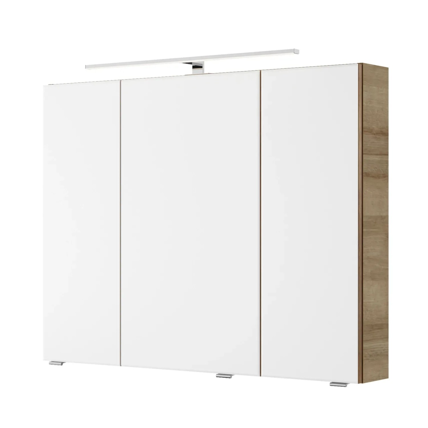 Pelipal Badmöbel-Set Serie 4035 mit Spiegelschrank in Riviera Eiche und weißen Fronten.
