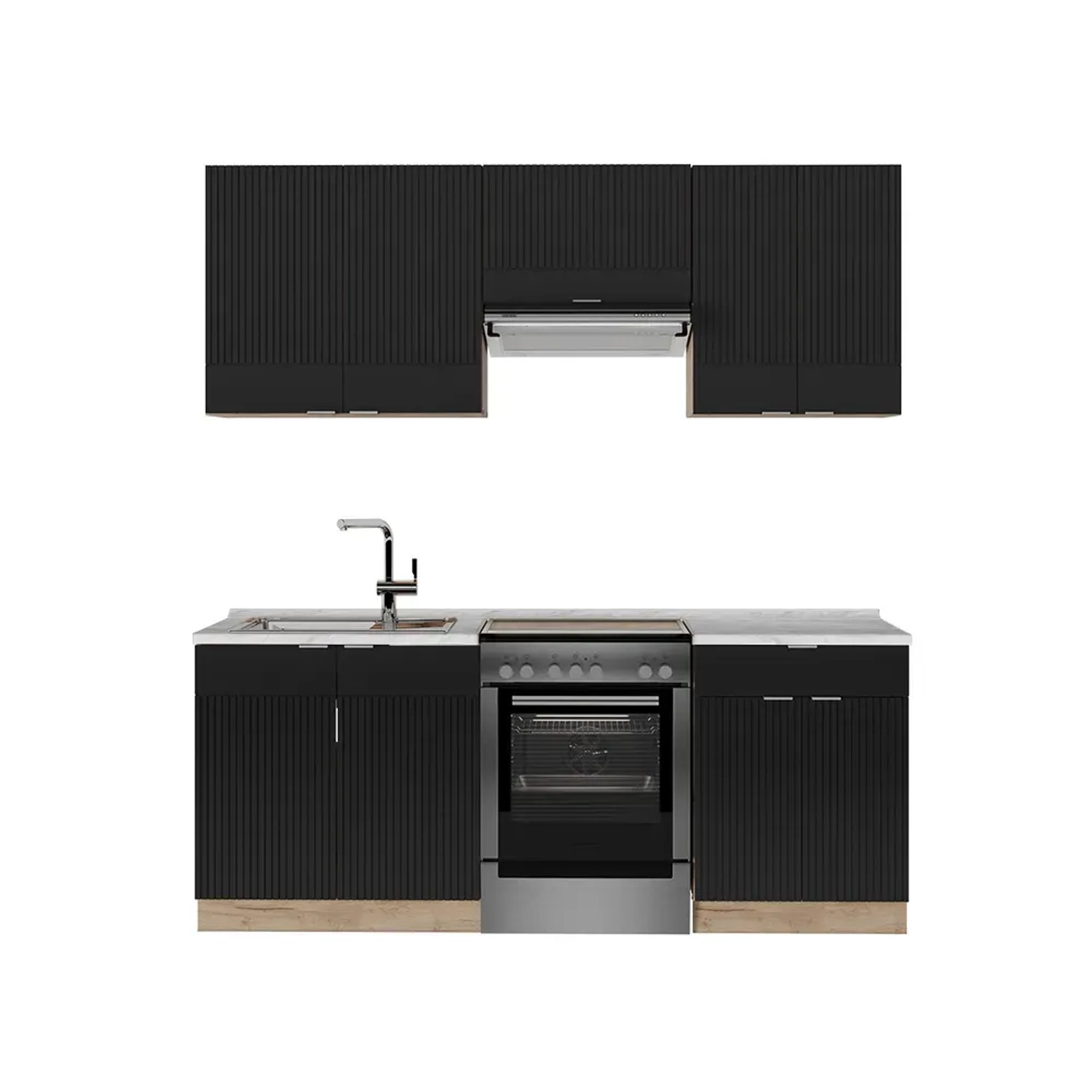 Vicco Fame-Line Küchenzeile Schwarz gestreift/Goldkraft Eiche 200 cm AP Marmor ohne E-Geräte