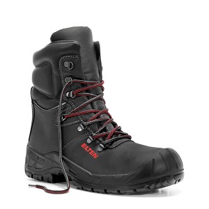 Schwarzer Elten Sicherheitswinterstiefel Renzo Winter S3 in Größe 48 mit roter Schnürung.