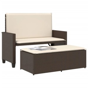 Braune VidaXL Gartenbank mit Kissen und Hocker aus Poly Rattan für den Garten.
