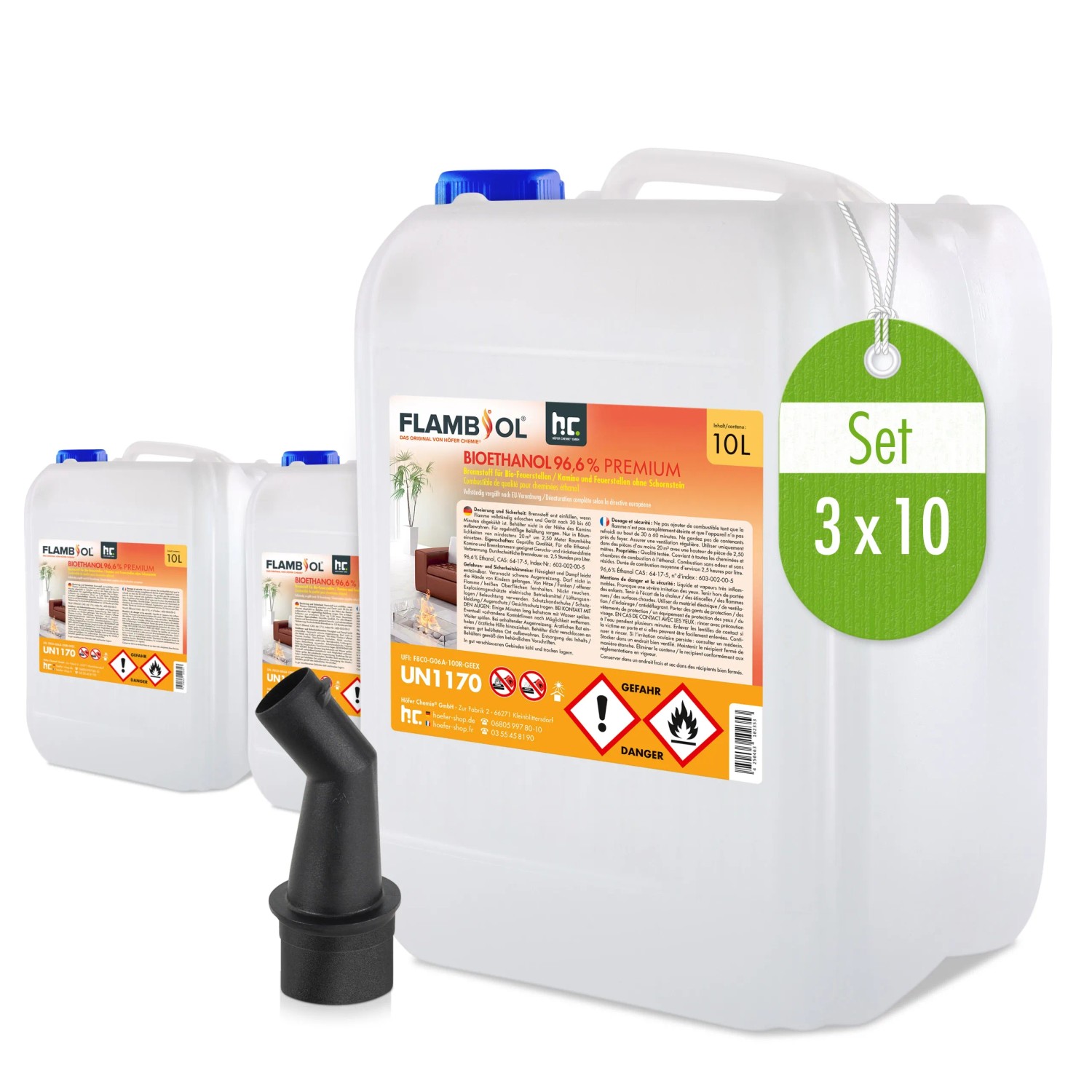 Flambiol Bioethanol 6x10l Kanister für Ethanolkamin. Brennstoff-Set mit Einfülltrichter.
