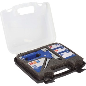 LUX Kombitacker-Set 3-in-1 Comfort im geöffneten Koffer, inklusive Klammern und Nägel.