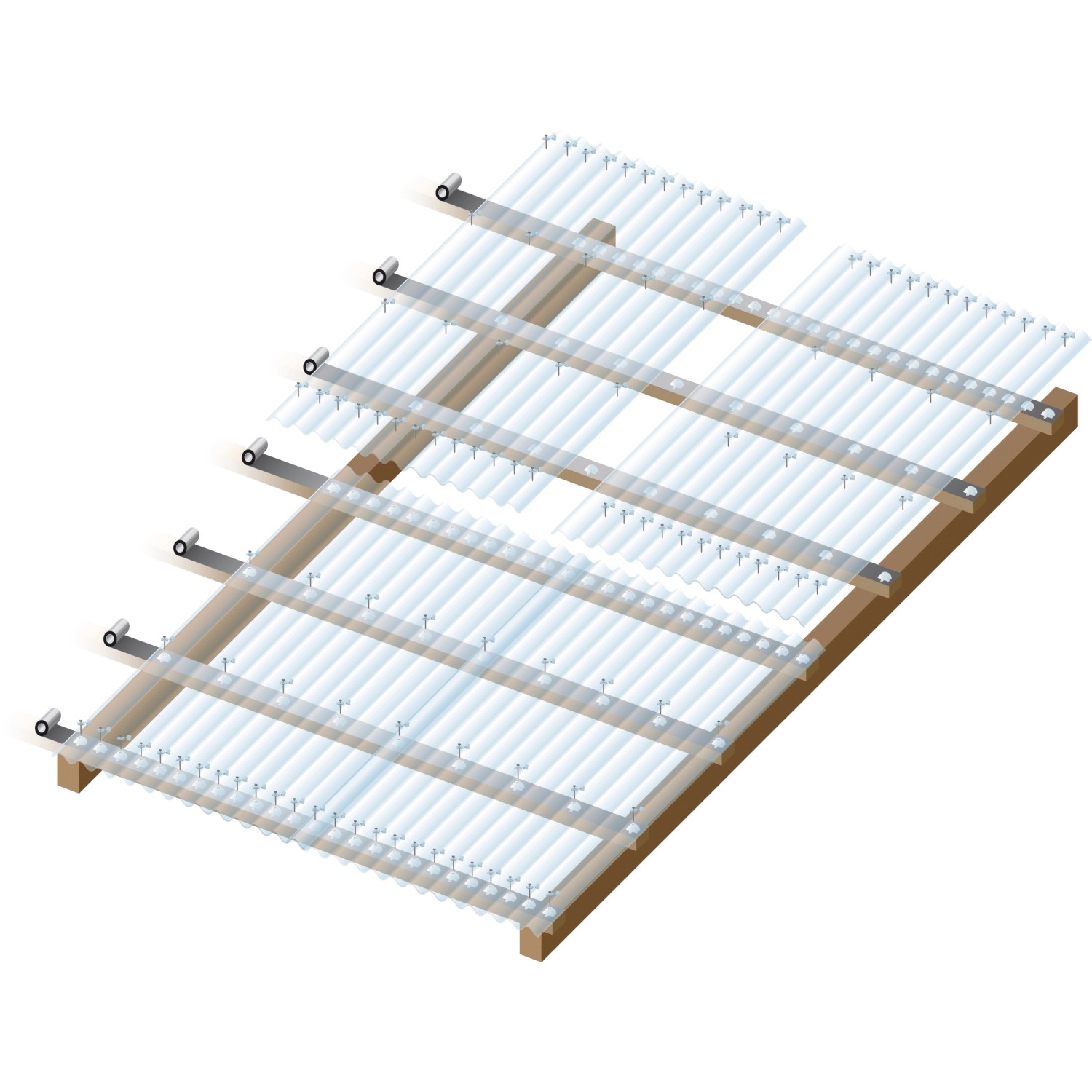 Transparente PVC Profilplatten (Sinus 76/18) als Bedachung auf Holzkonstruktion.