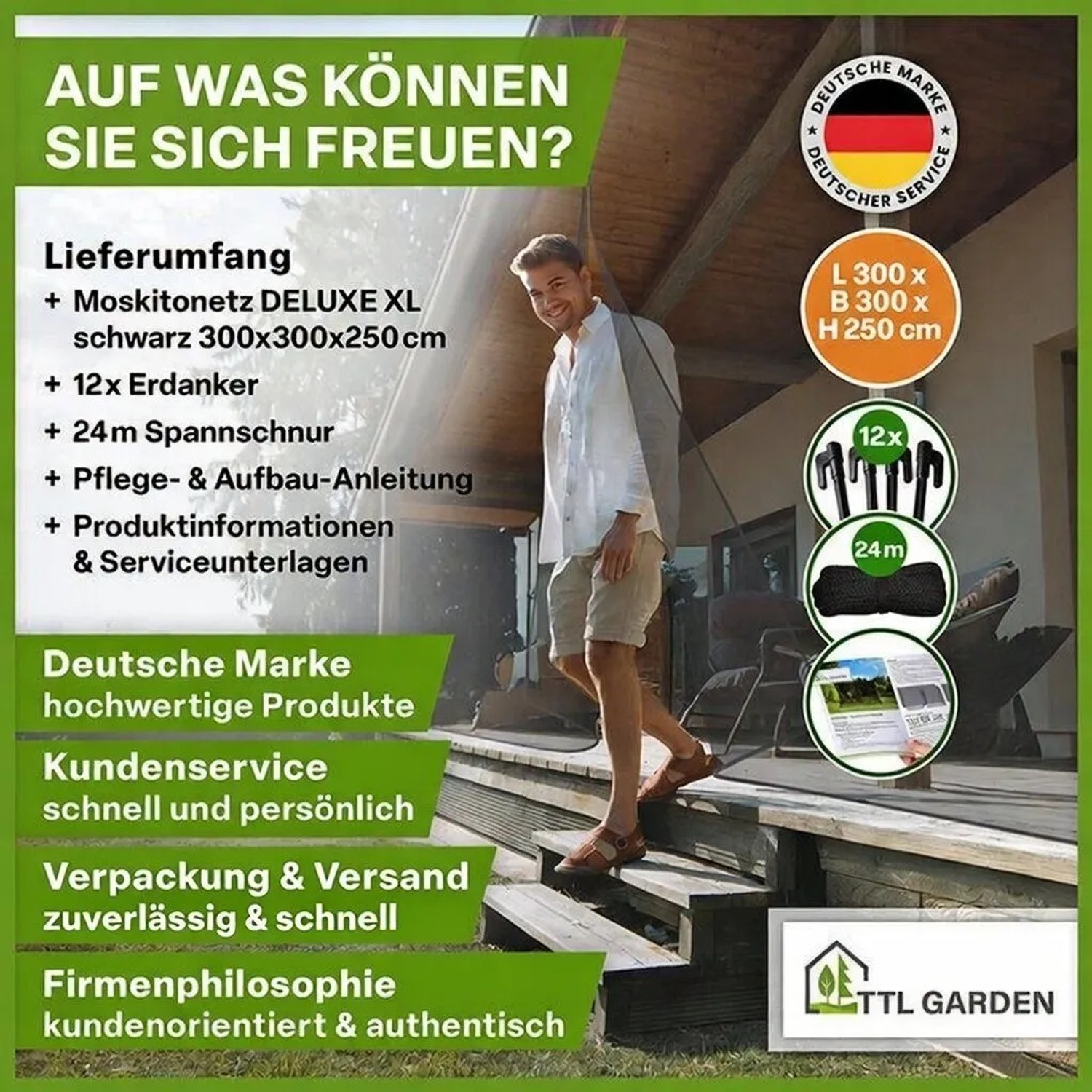 TTL GARDEN Moskitonetz DELUXE XL, schwarz, 300x300x250 cm, mit Zubehör. Insektenschutz für Bett, Terrasse oder Camping.