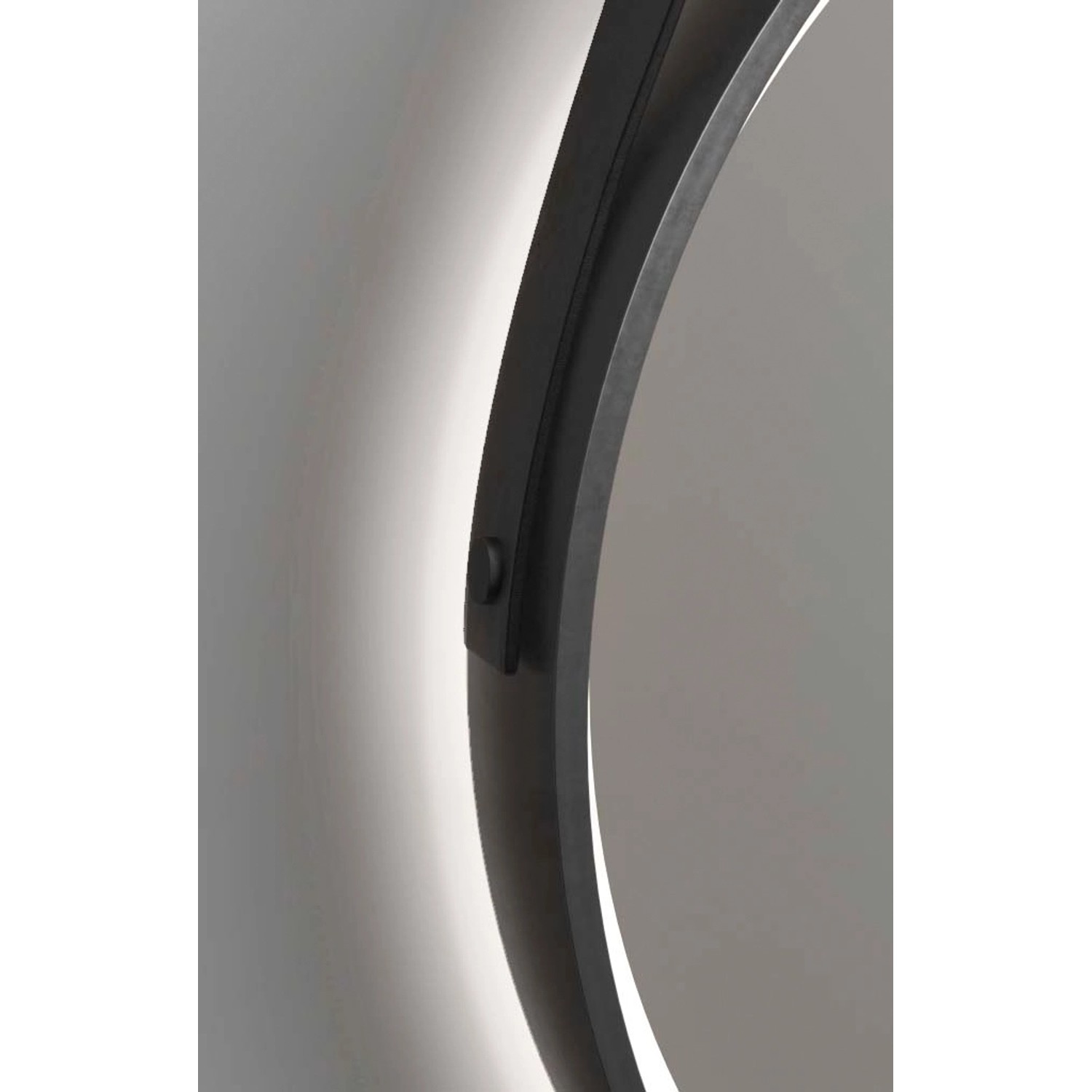 Detailansicht: Runder LED-Lichtspiegel Black Verano, Ø 55 cm, mit schwarzem Rahmen und indirekter Beleuchtung.