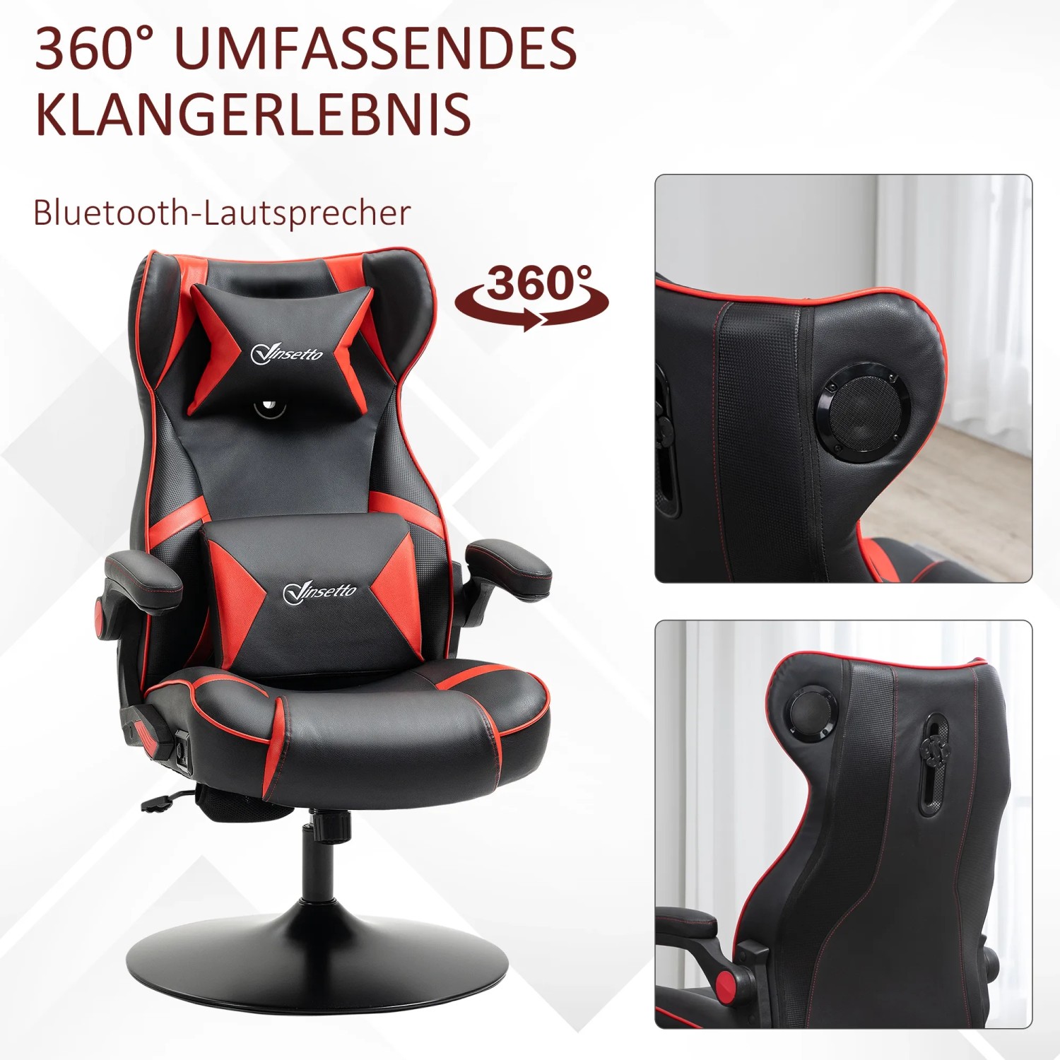 Vinsetto Gaming Stuhl mit Lautsprecher, schwarz und rot, höhenverstellbar und mit Wippfunktion.
