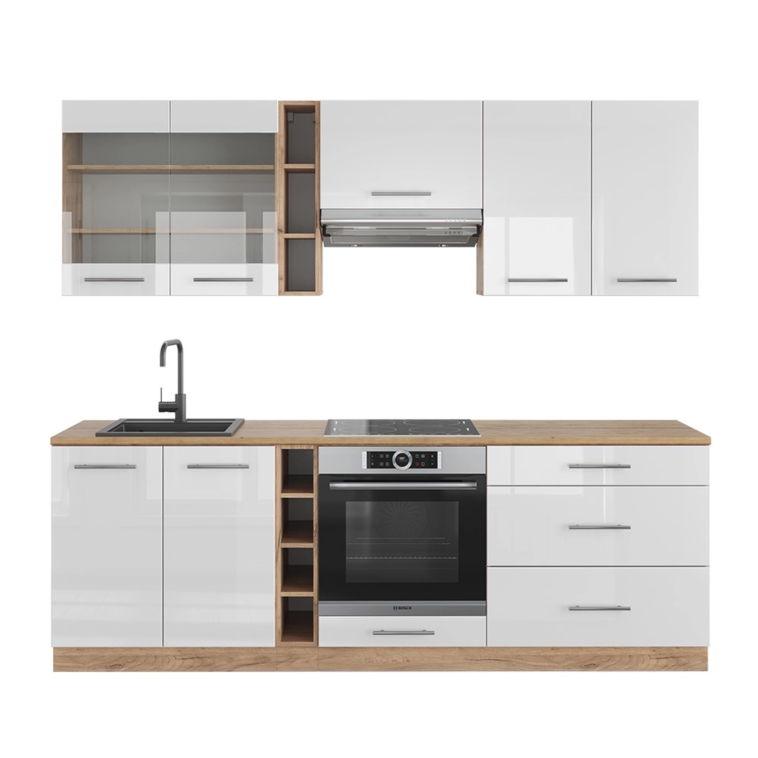 Vicco Fame-Line Küchenzeile Weiß Hochglanz/Goldkraft Eiche 235 cm ohne Arbe günstig online kaufen