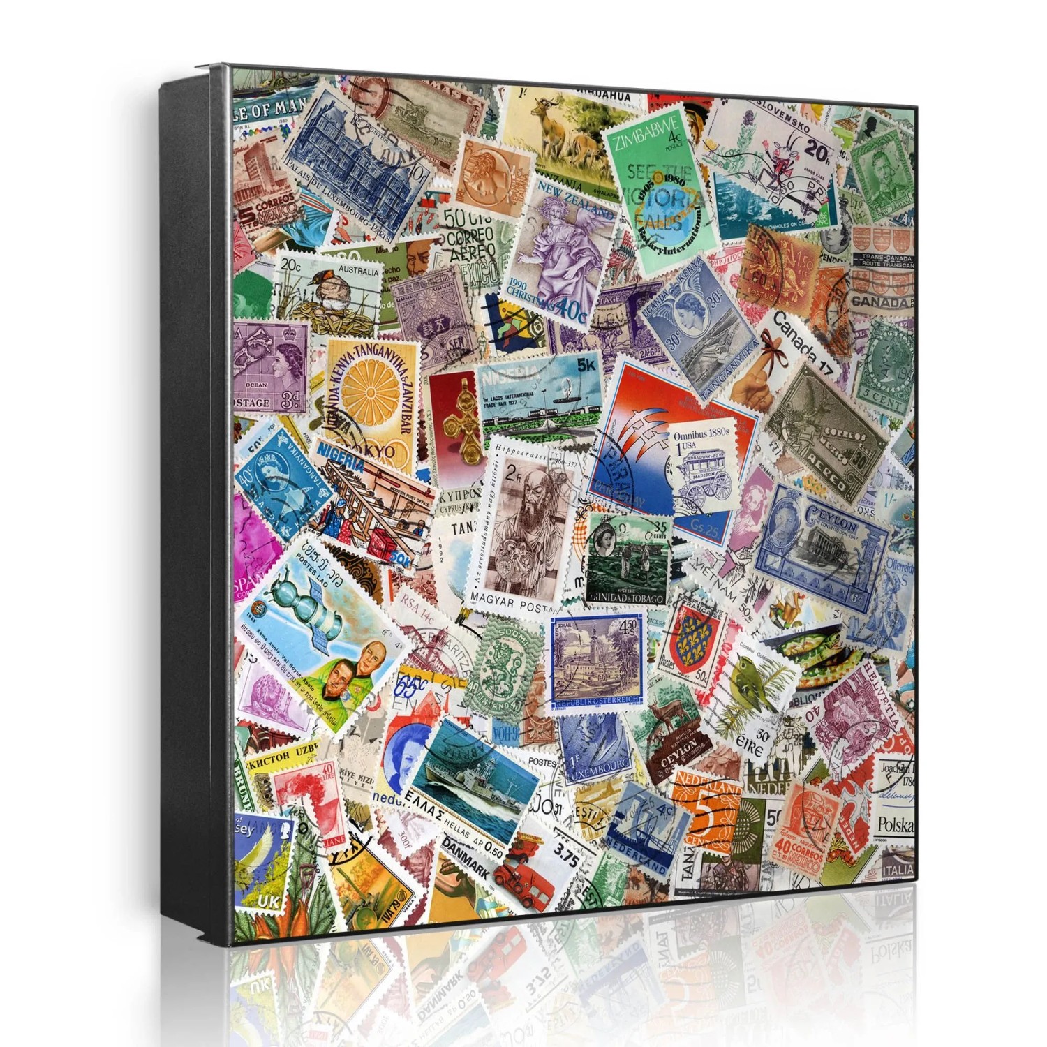 Banjado Großer Schlüsselkasten Metall 30x30cm Schwarz Scharnier Links 50 Haken Beschreibbar Magnetisch Motiv Briefmarken