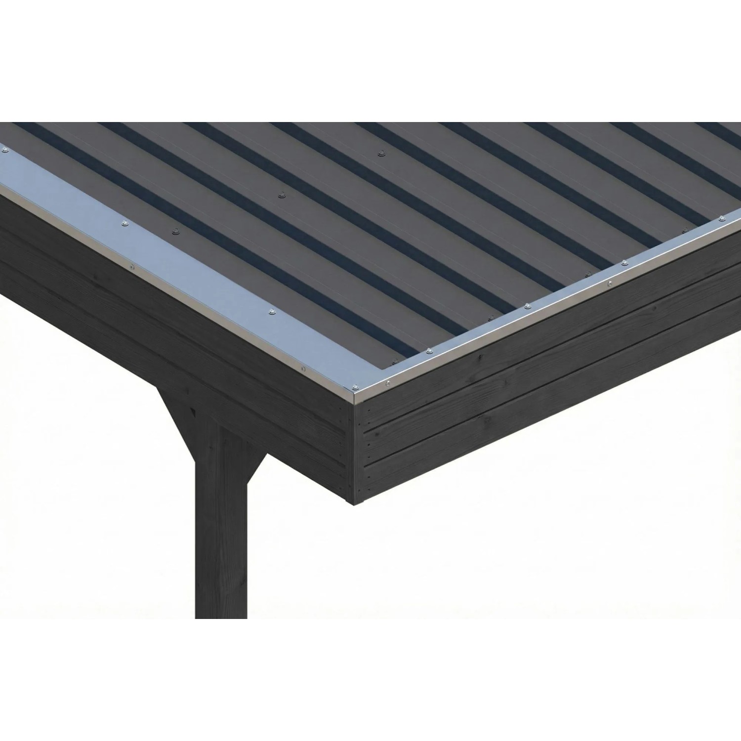 Anthrazitfarbener Skan Holz Carport mit Flachdach, Stahl-Dachplatten und Aluminium-Abschlusskante.