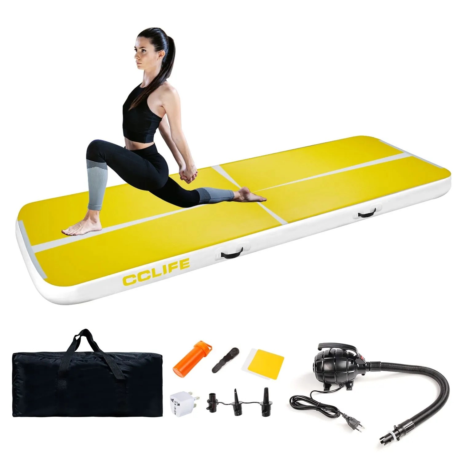 Gelbe CCLIFE Airtrack Matte mit Frau beim Training, inkl. elektrischer Luftpumpe & Tragetasche für Gymnastik & Sport.