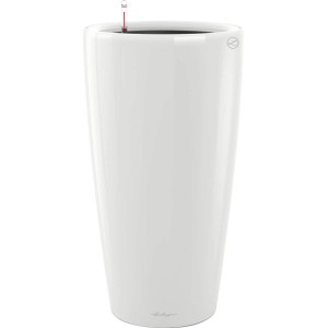Weißes, hochglänzendes Lechuza Rondo Premium Pflanzgefäß (Ø 32 cm, 56 cm hoch) für den Innen- und Außenbereich.