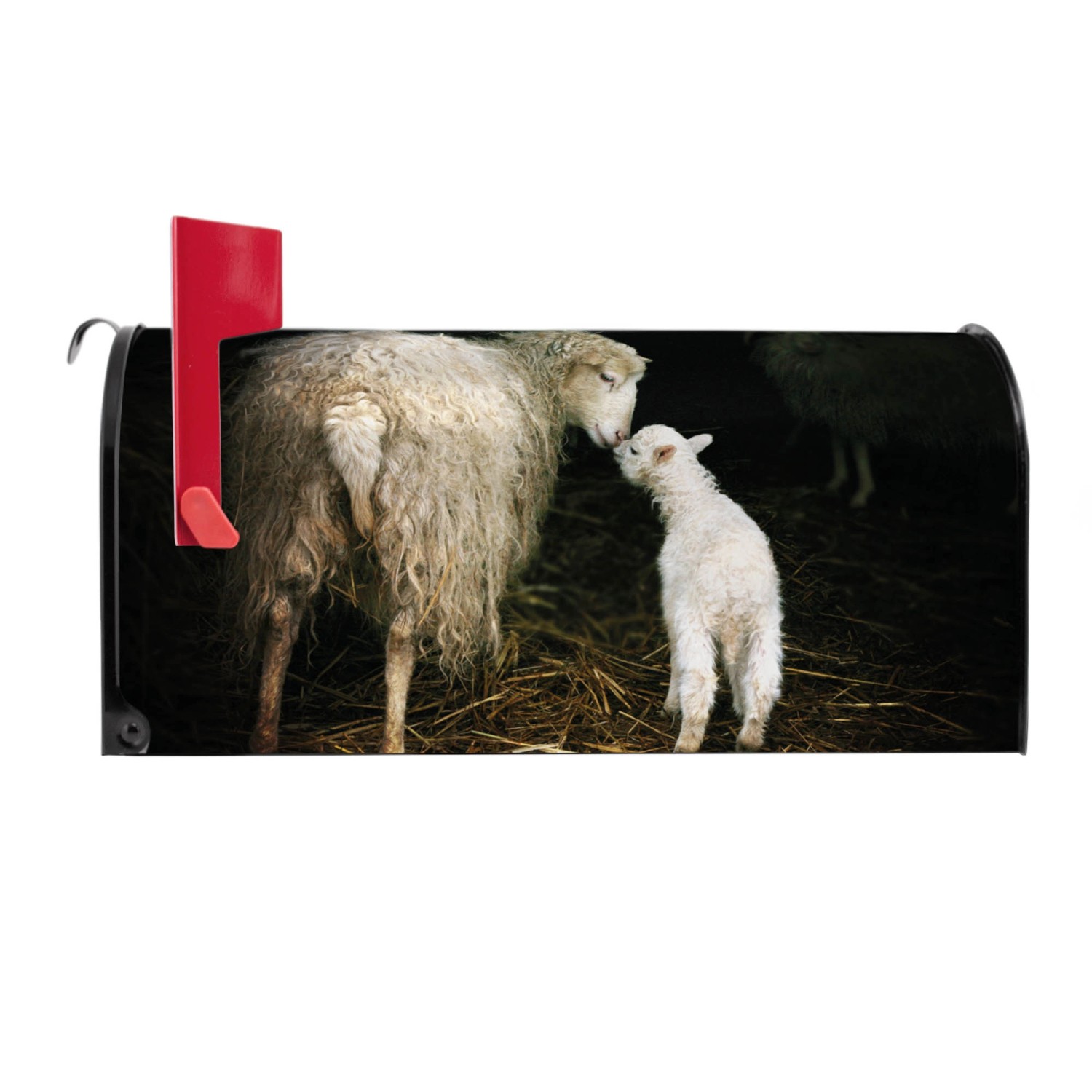 Schwarzer US Briefkasten mit Schaf und Lamm Motiv. Stahl, pulverbeschichtet, mit roter Fahne.