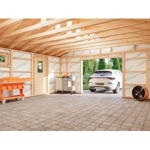 Unbehandelte Holzgarage Palmako Andre 28,5 m² mit Auto und Werkzeugwagen.
