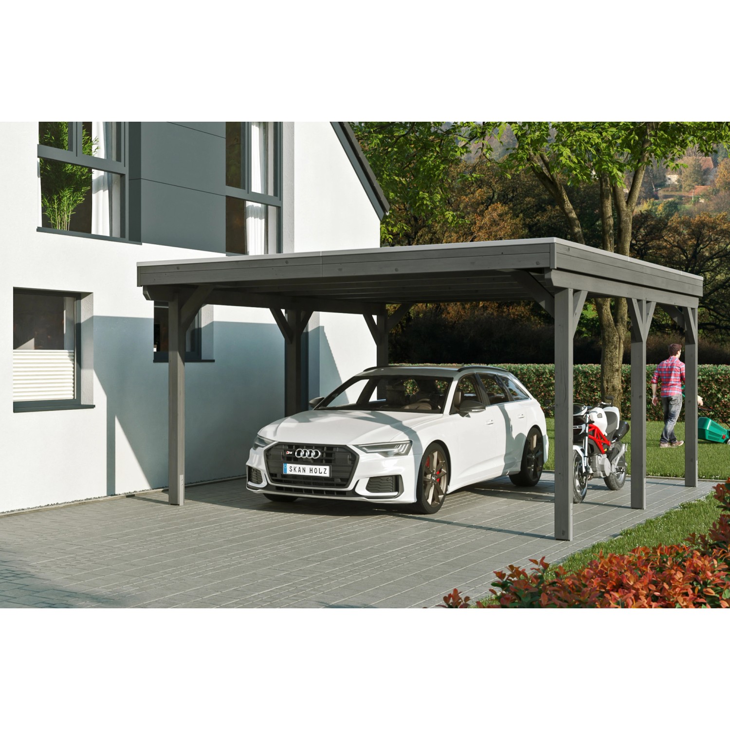 Skan Holz Carport Grunewald 427 cm x 554 cm mit Aluminiumdach Schiefergrau