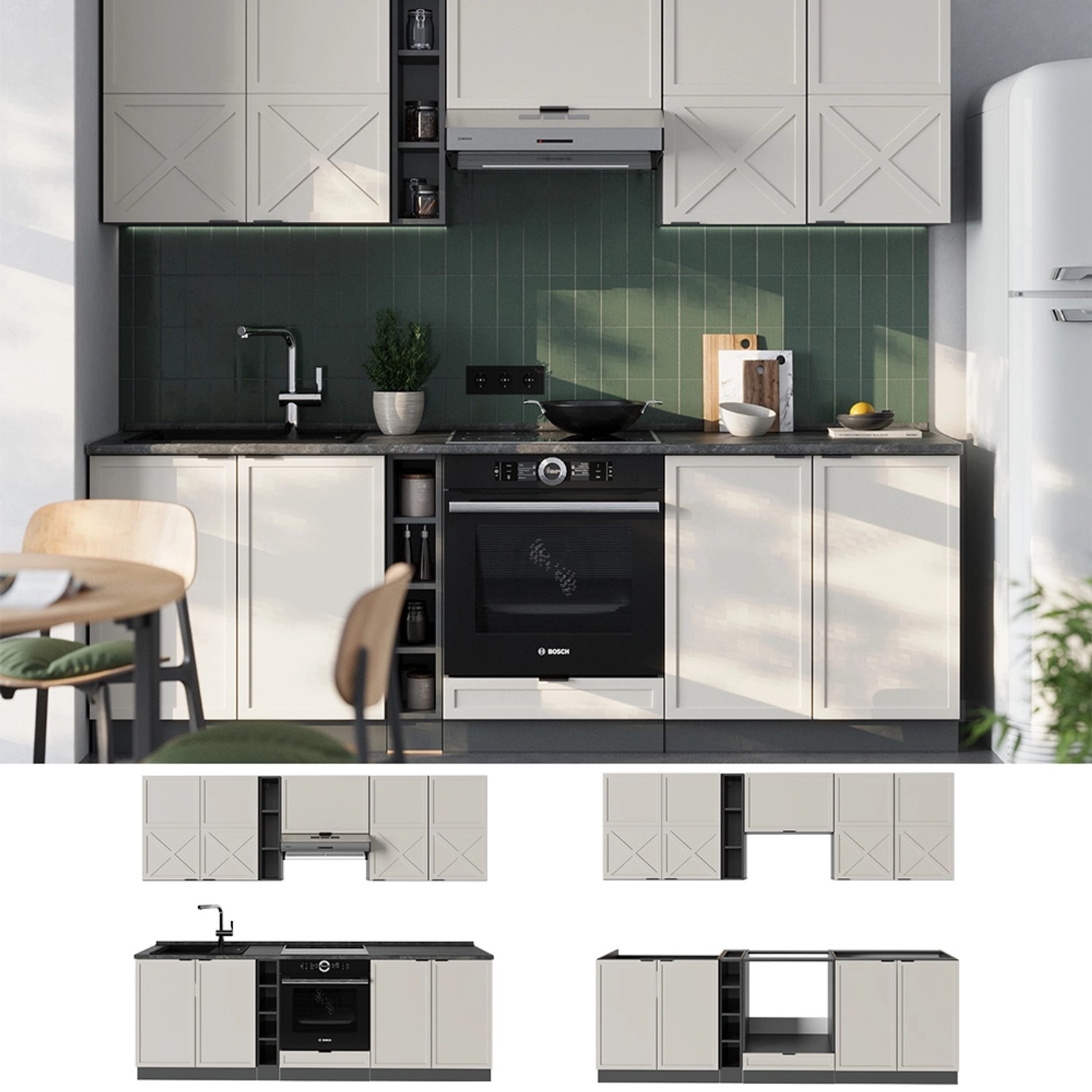 Moderne Vicco Fame-Line Küchenzeile in GrauBeige/Anthrazit, 235 cm breit. Küchenmöbel mit Ofen.