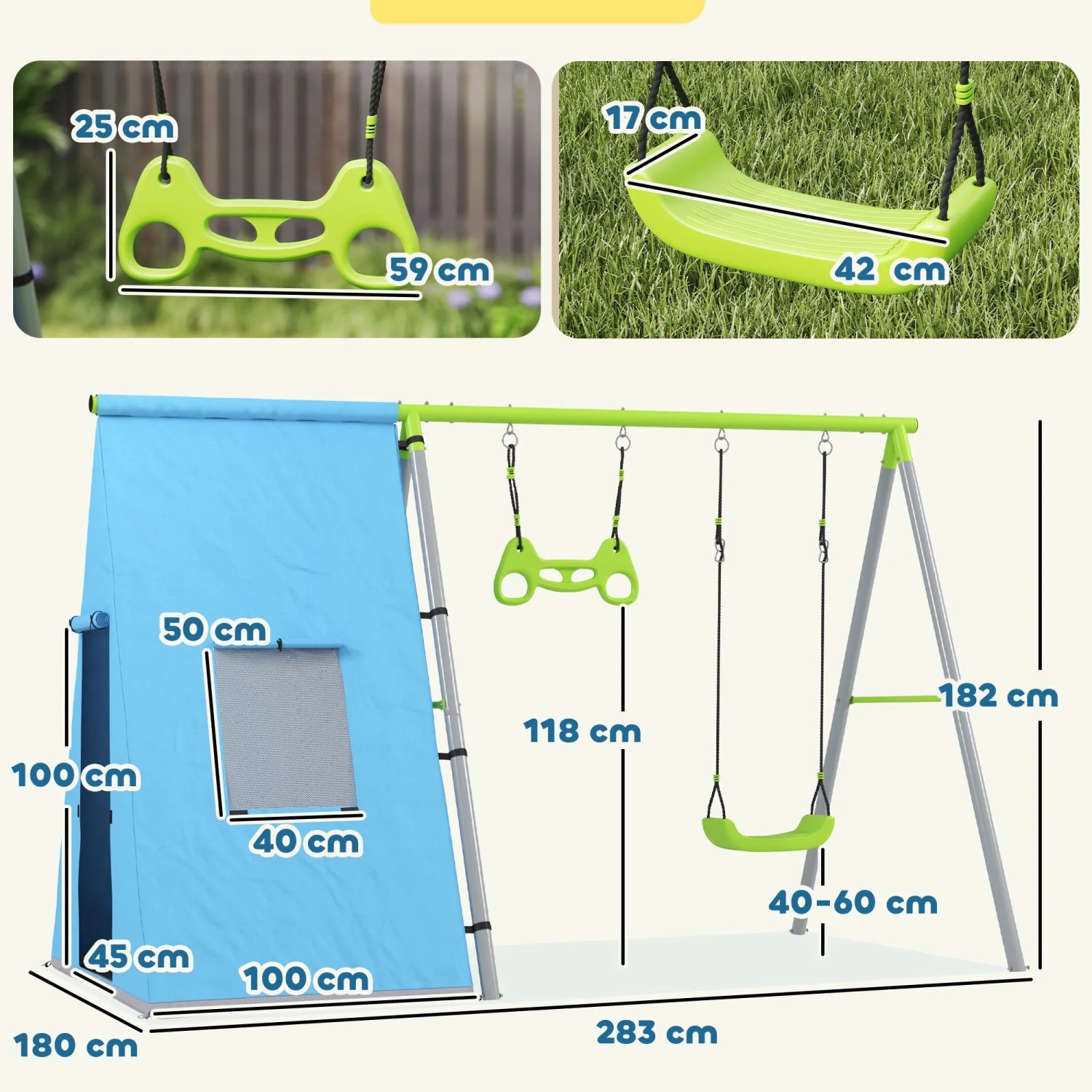 AIYAPLAY 3-in-1 Schaukelgestell Outdoor: blaues Spielzelt, grüne Schaukel & Turnringe. Kinder-Schaukelgerüst mit Maßen.